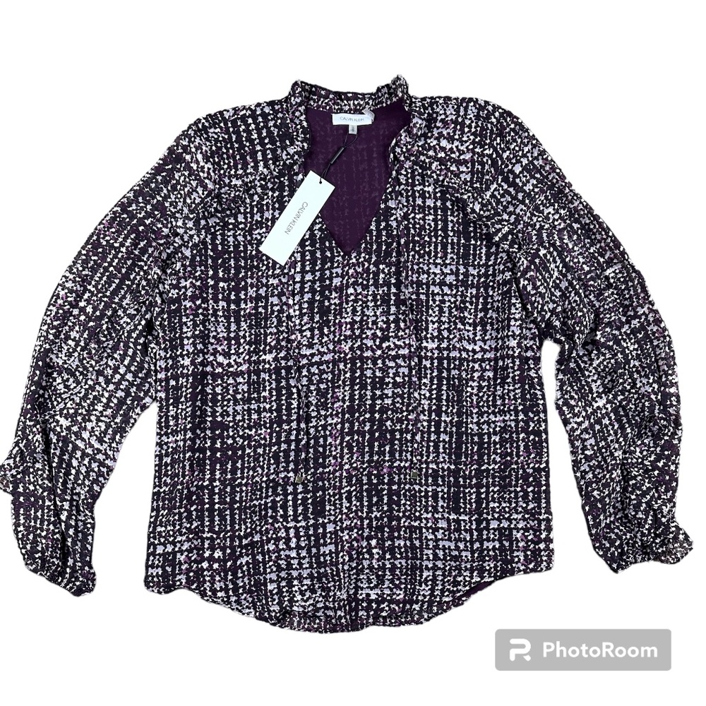 Calvin Klein Modern Essentials Sheer Long Sleeve Ruffle V Neck Blouse